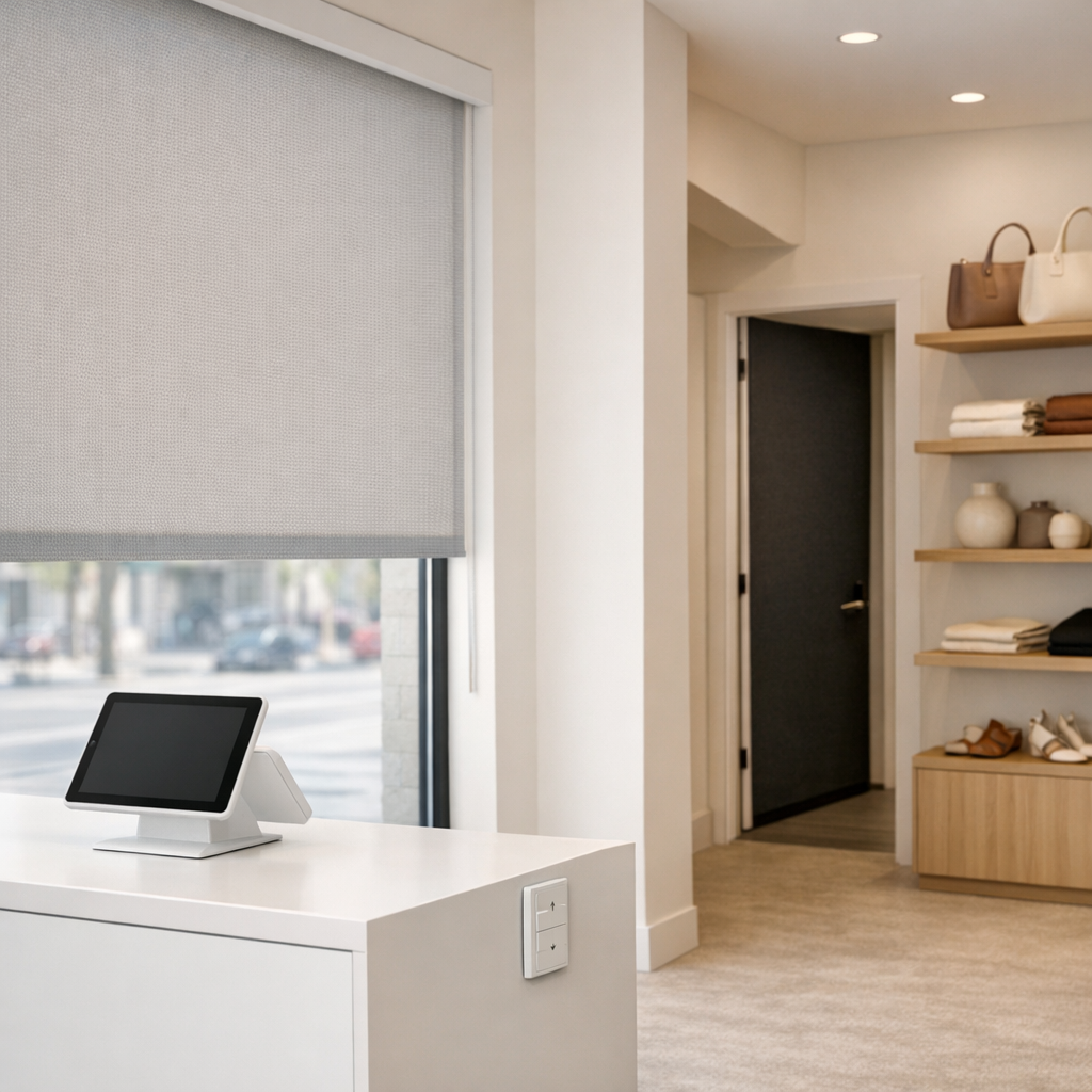Storefront solar shades reduce glare, commercial blinds for retail stores with clear product visibility